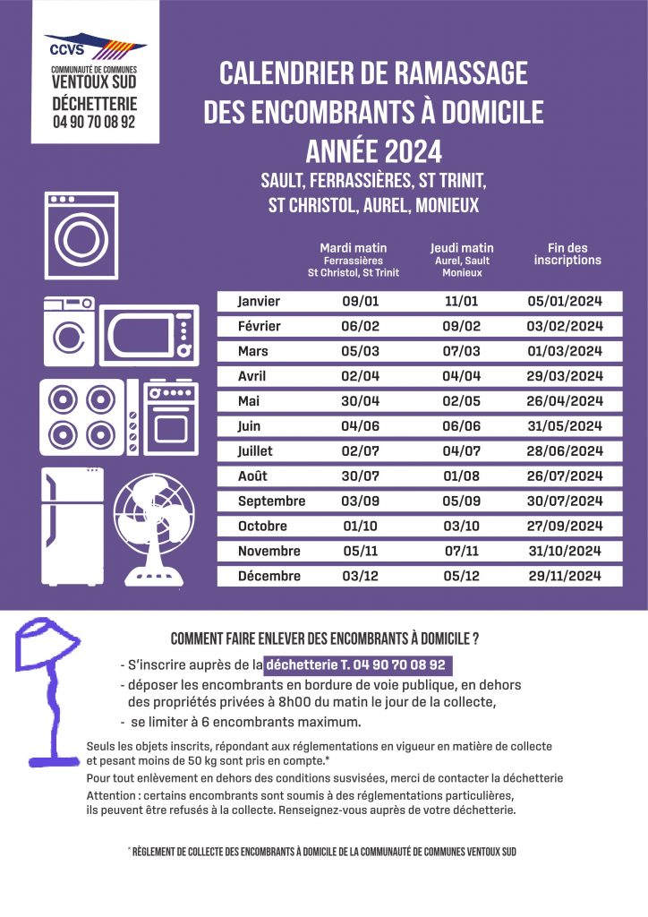 Calendrier de ramassage des à domicile 2024 Mairie de Saint Christol (84390 Vaucluse)